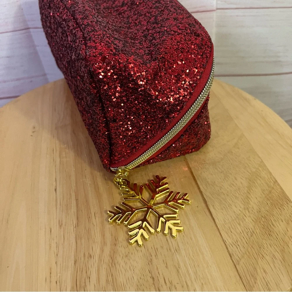 Red Glitter with Gold Snowflake Cosmetic Makeup‎ Bag